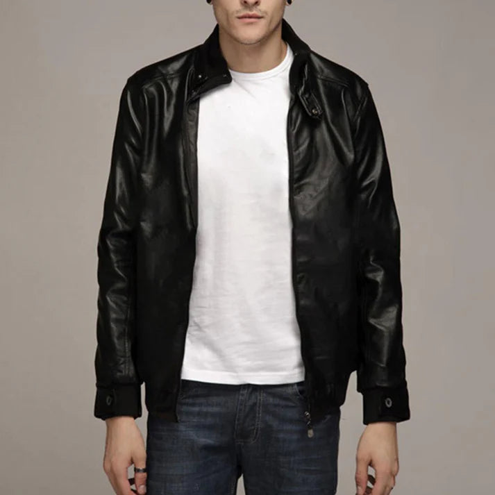 Men Solid Color Motorcycle Leather Jacket
