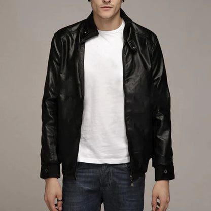 Men Solid Color Motorcycle Leather Jacket