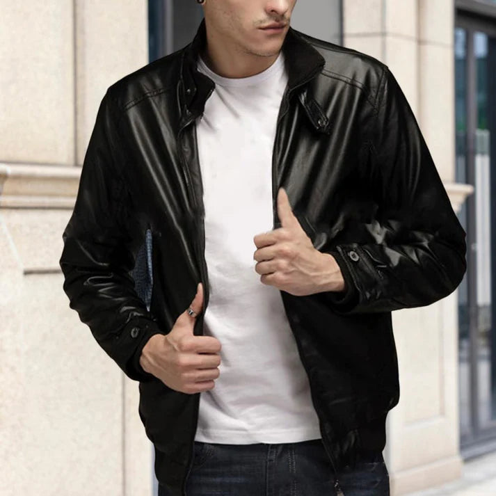 Men Solid Color Motorcycle Leather Jacket
