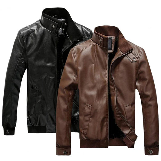 Men Solid Color Motorcycle Leather Jacket