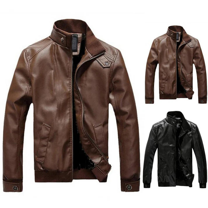 Men Solid Color Motorcycle Leather Jacket